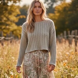 Stradivarius Womens Oatmeal Beige Cable Knit Cropped Sweater Size XL Long Sleeve